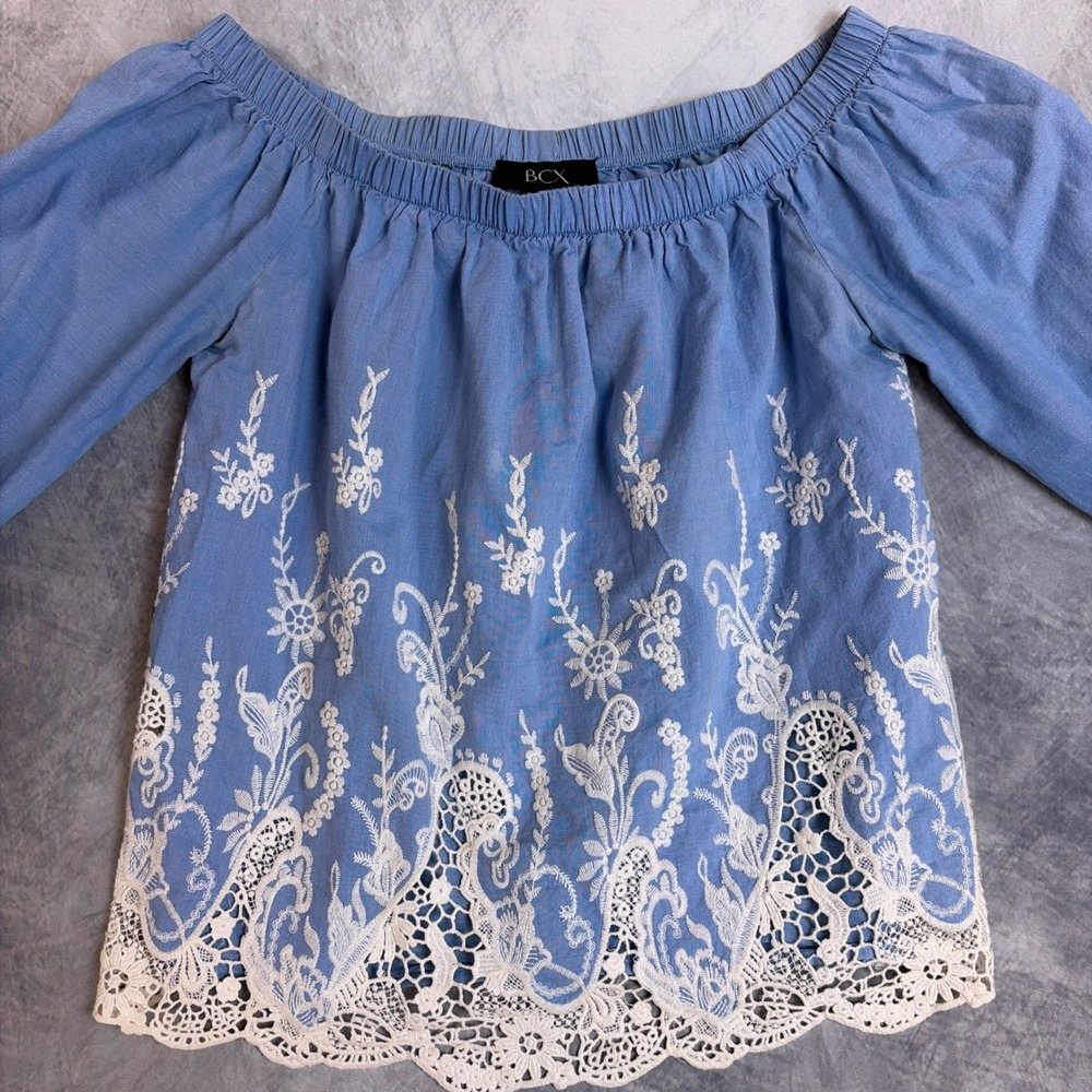 BCX Blue Embroidered Off The Shoulder Lace Hem‎ Boho Top XS